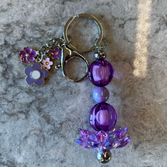 Purple Beaded Keychain with Lotus Charm - Picture 2 of 4